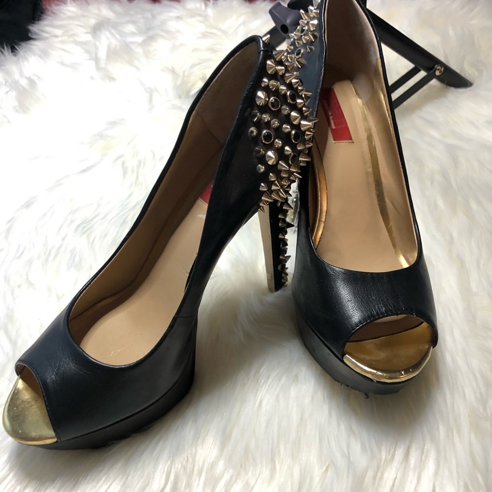 Saks Fifth Avenue RED Black Studded Open Toed Heels Size 8M